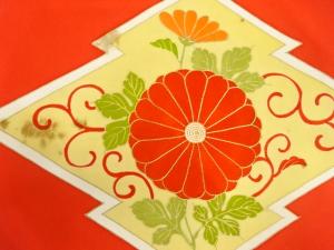 アンティーク　塩瀬　松皮菱に菊唐草模様刺繍名古屋帯